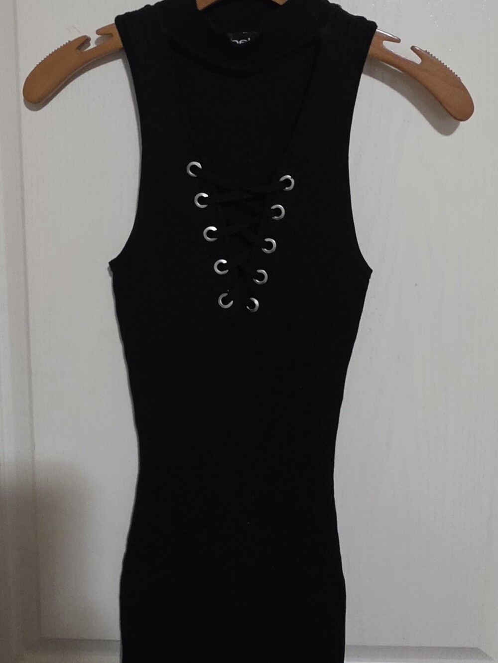 bebe Black Lace-Up V Neck Sleeveless Mini Dress